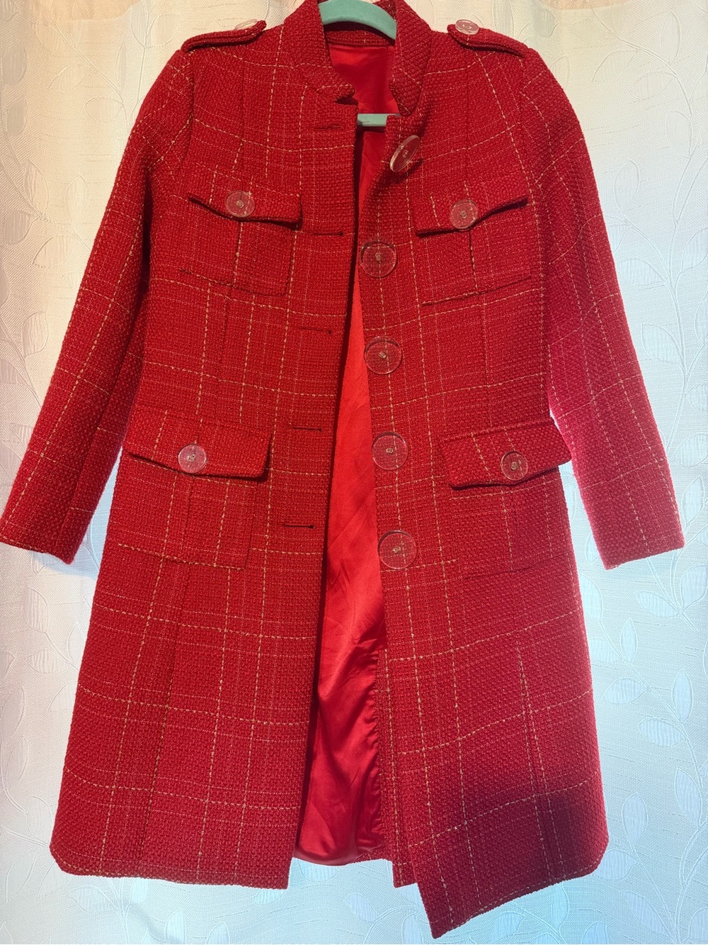 CHANEL Red Tweed Windowpane Trench Coat